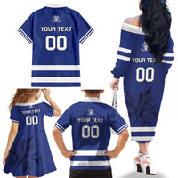 Custom Canada Hockey Team Family Matching Off The Shoulder Long Sleeve Dress and Hawaiian Shirt Maple Leaf Blue Version