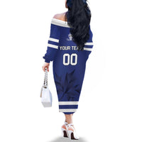 Custom Canada Hockey Team Family Matching Off The Shoulder Long Sleeve Dress and Hawaiian Shirt Maple Leaf Blue Version