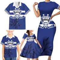 Custom Canada Hockey Team Family Matching Short Sleeve Bodycon Dress and Hawaiian Shirt Maple Leaf Blue Version