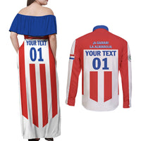 Personalized Paraguay 2024 Football Couples Matching Off Shoulder Maxi Dress and Long Sleeve Button Shirt Come On La Albirroja - Wonder Print Shop