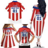 Personalized Paraguay 2024 Football Family Matching Off The Shoulder Long Sleeve Dress and Hawaiian Shirt Come On La Albirroja - Wonder Print Shop