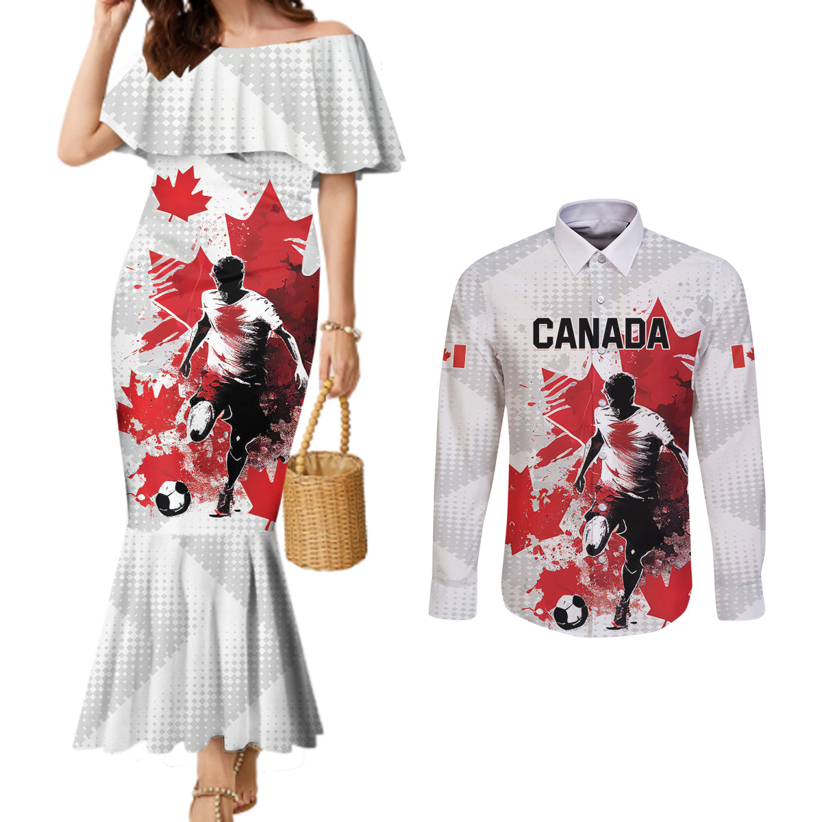 Personalized Canada 2024 Soccer Couples Matching Mermaid Dress and Long Sleeve Button Shirt Canadian Player Maple Leaf