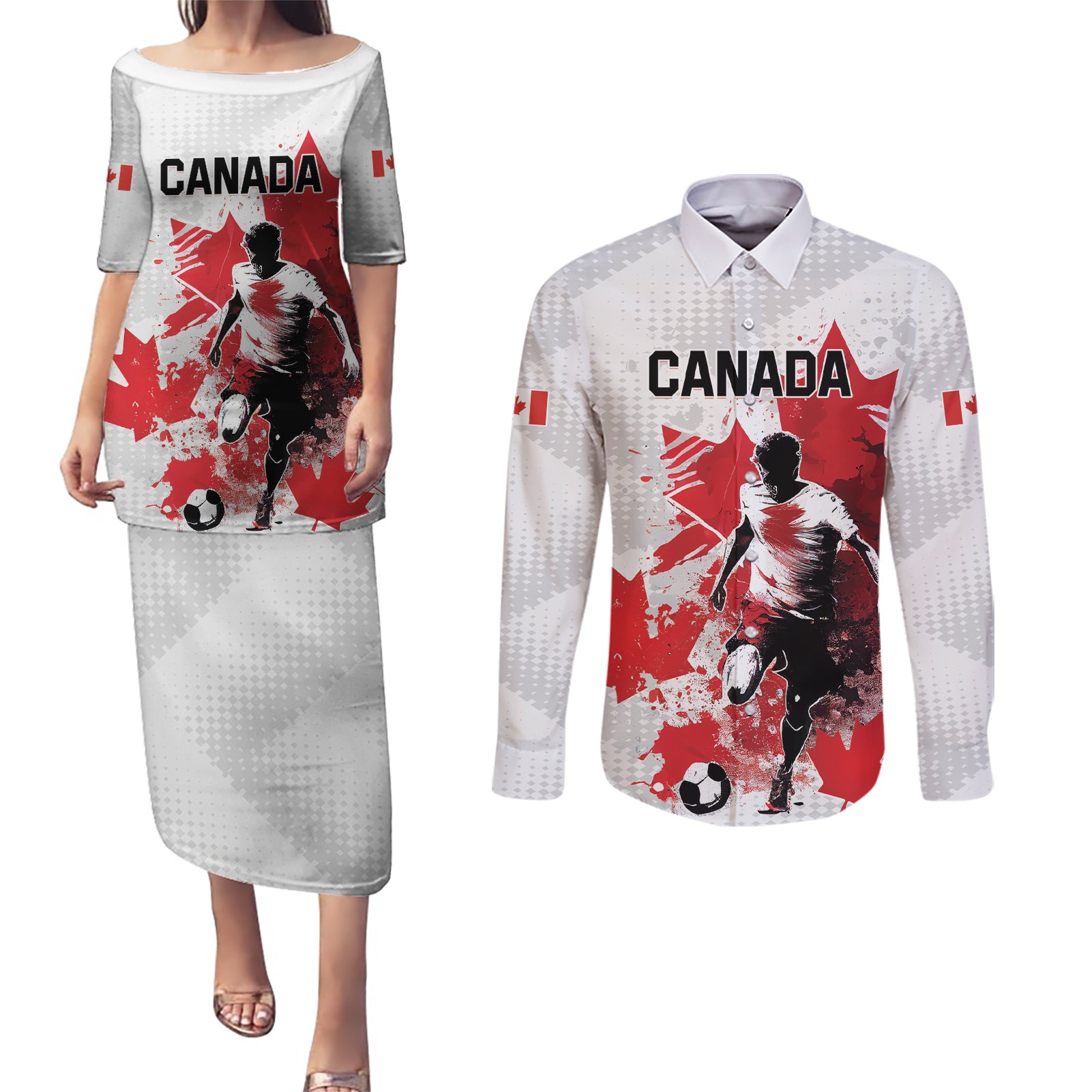 Personalized Canada 2024 Soccer Couples Matching Puletasi and Long Sleeve Button Shirt Canadian Player Maple Leaf