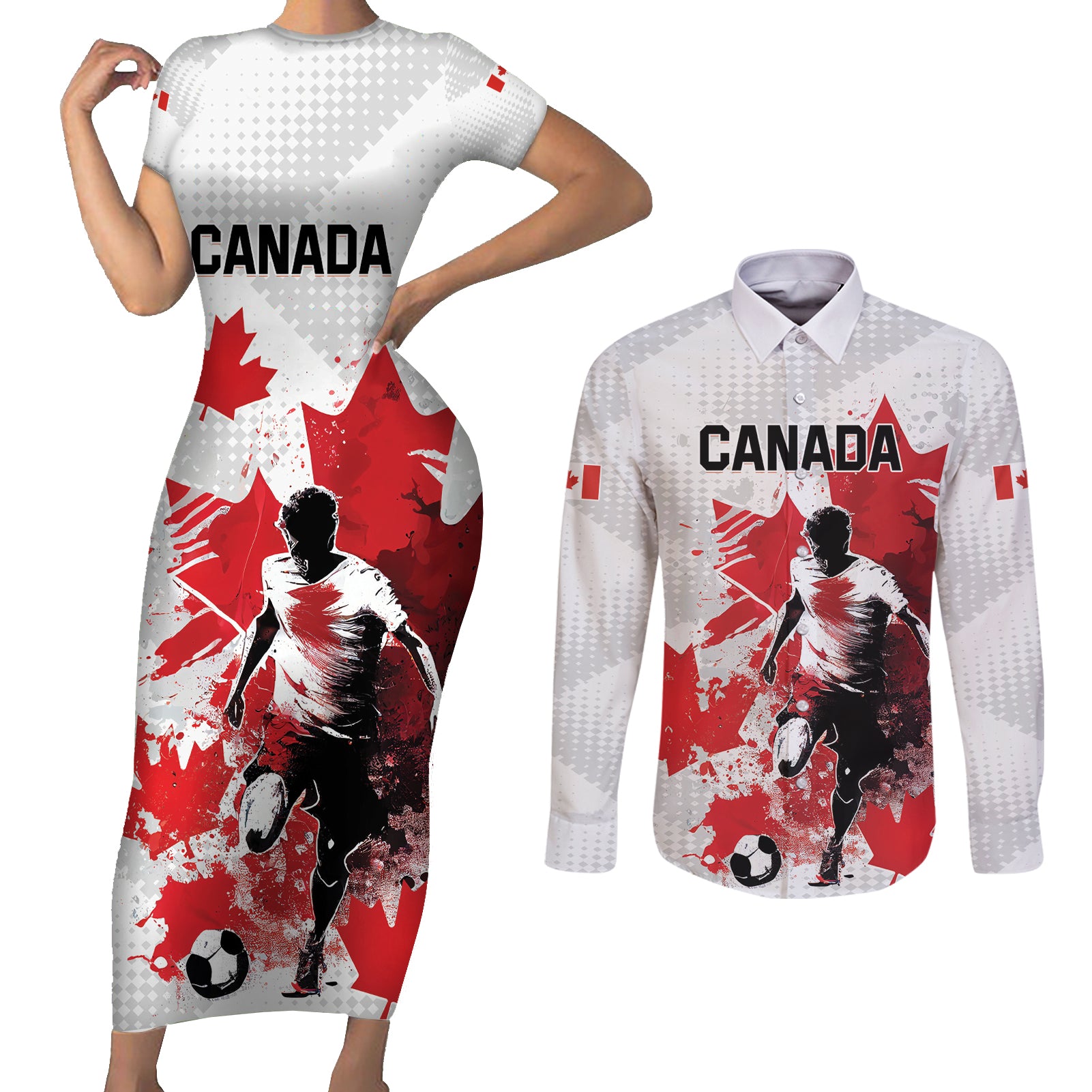 Personalized Canada 2024 Soccer Couples Matching Short Sleeve Bodycon Dress and Long Sleeve Button Shirt Canadian Player Maple Leaf