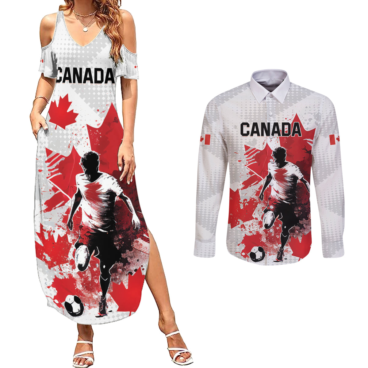 Personalized Canada 2024 Soccer Couples Matching Summer Maxi Dress and Long Sleeve Button Shirt Canadian Player Maple Leaf