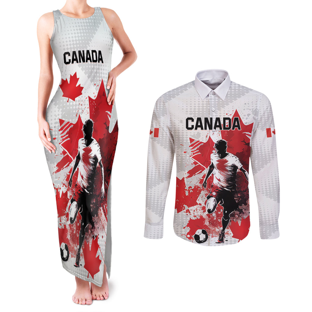 Personalized Canada 2024 Soccer Couples Matching Tank Maxi Dress and Long Sleeve Button Shirt Canadian Player Maple Leaf
