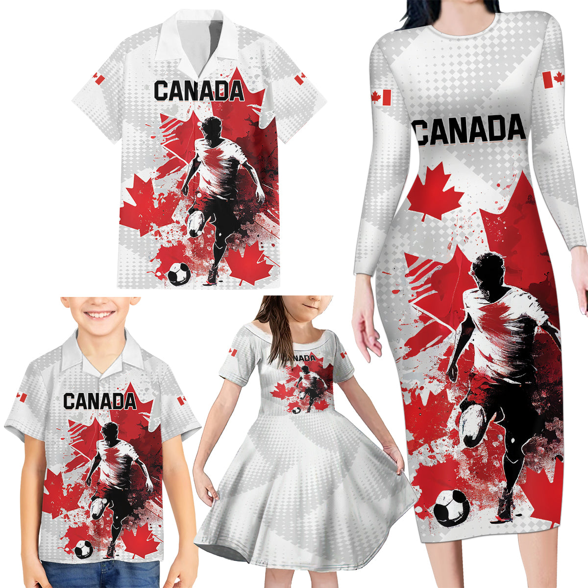 Personalized Canada 2024 Soccer Family Matching Long Sleeve Bodycon Dress and Hawaiian Shirt Canadian Player Maple Leaf