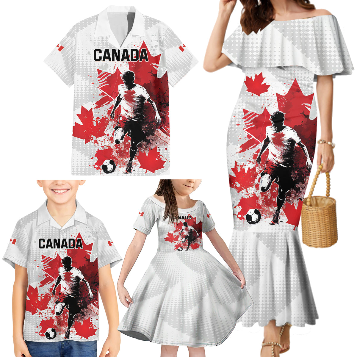Personalized Canada 2024 Soccer Family Matching Mermaid Dress and Hawaiian Shirt Canadian Player Maple Leaf