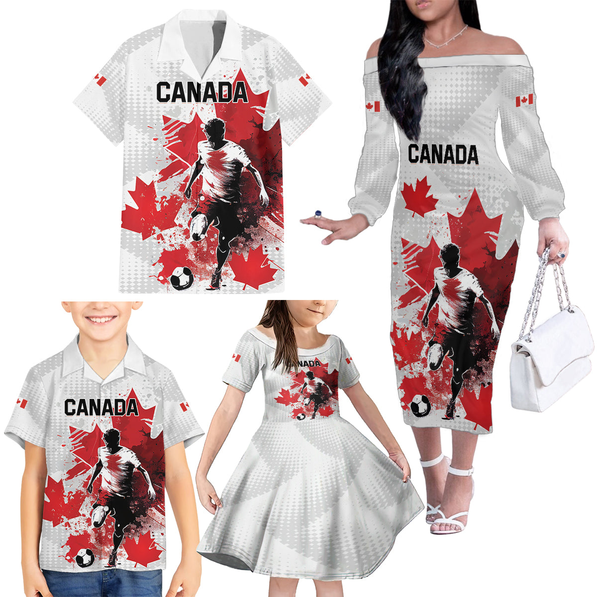 Personalized Canada 2024 Soccer Family Matching Off The Shoulder Long Sleeve Dress and Hawaiian Shirt Canadian Player Maple Leaf
