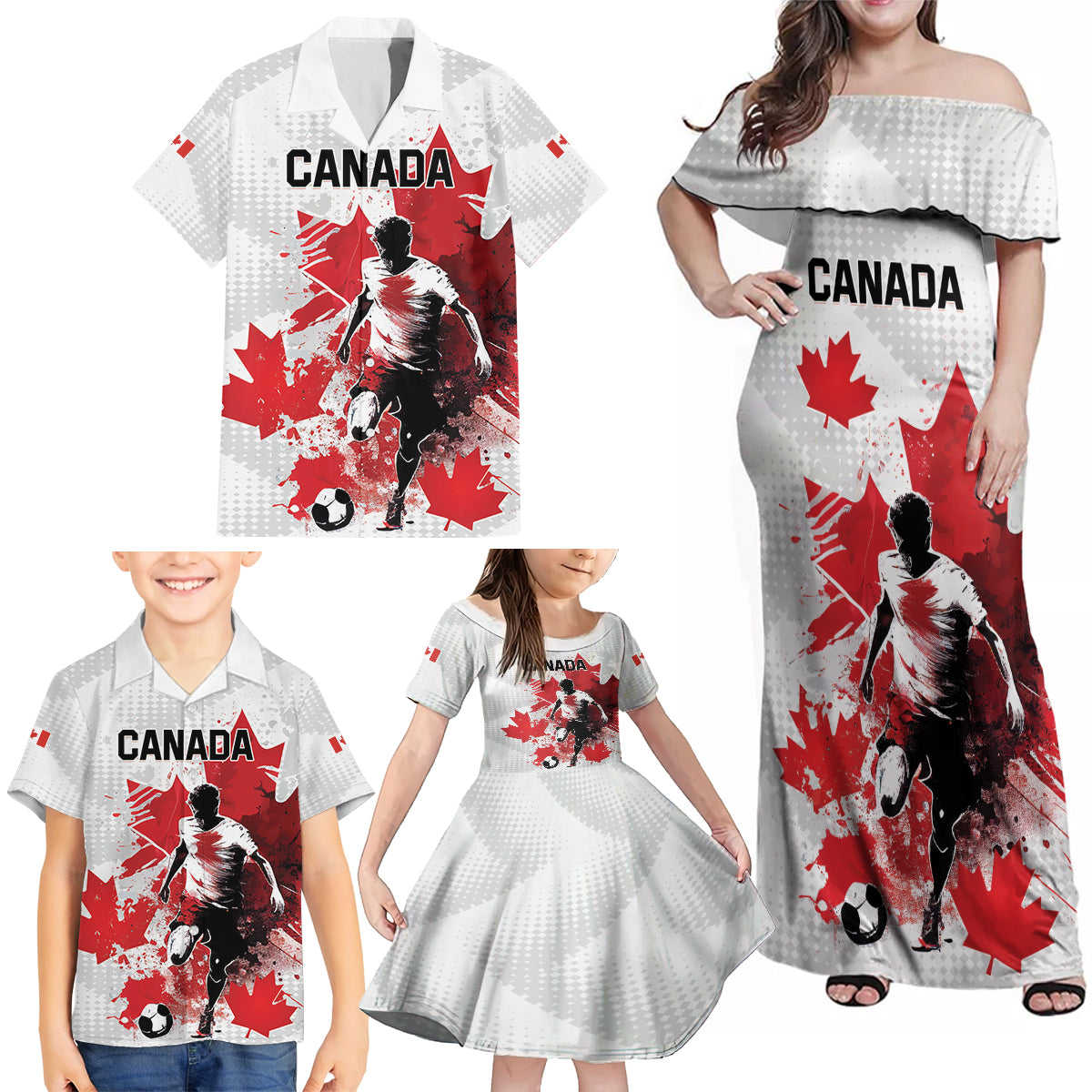 Personalized Canada 2024 Soccer Family Matching Off Shoulder Maxi Dress and Hawaiian Shirt Canadian Player Maple Leaf