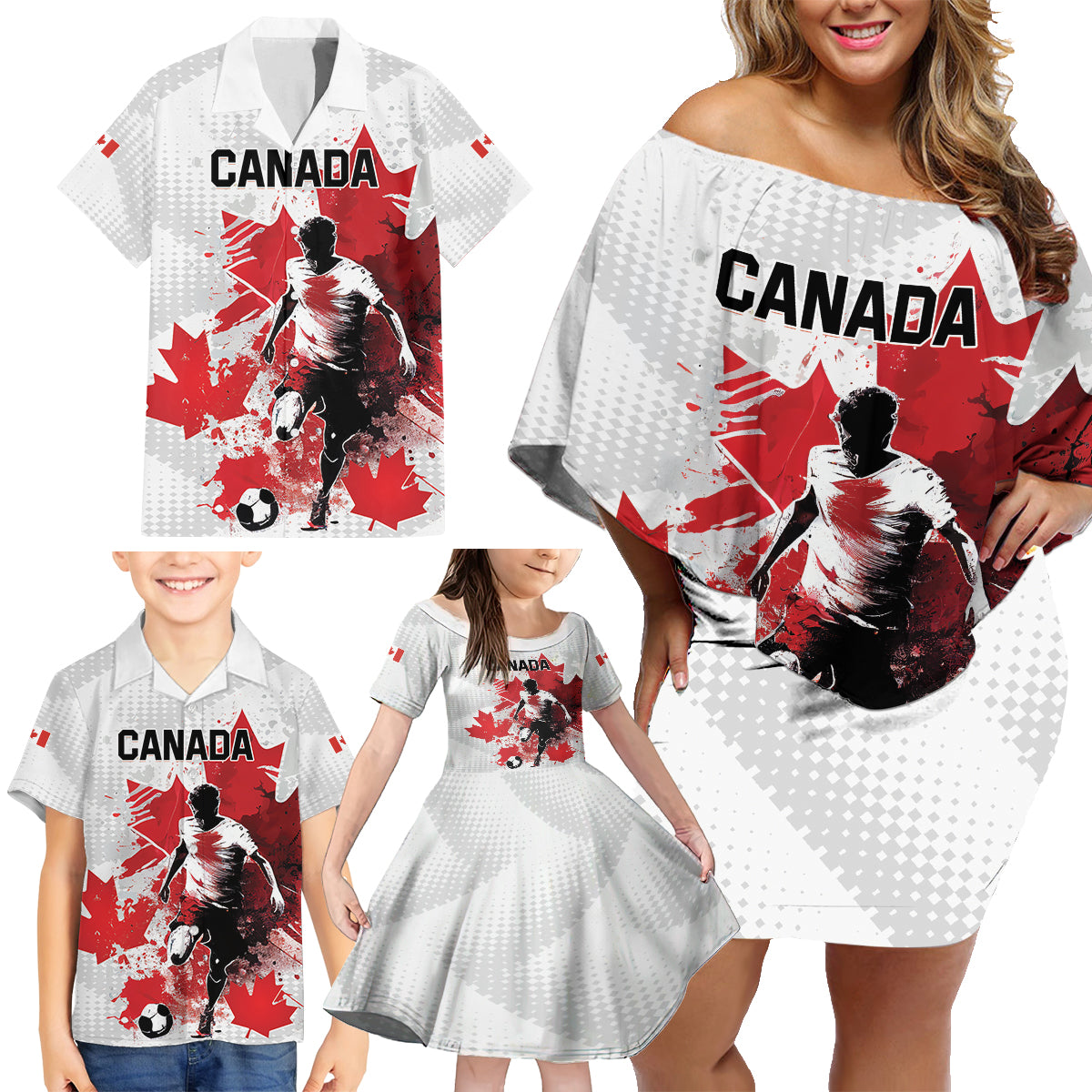 Personalized Canada 2024 Soccer Family Matching Off Shoulder Short Dress and Hawaiian Shirt Canadian Player Maple Leaf