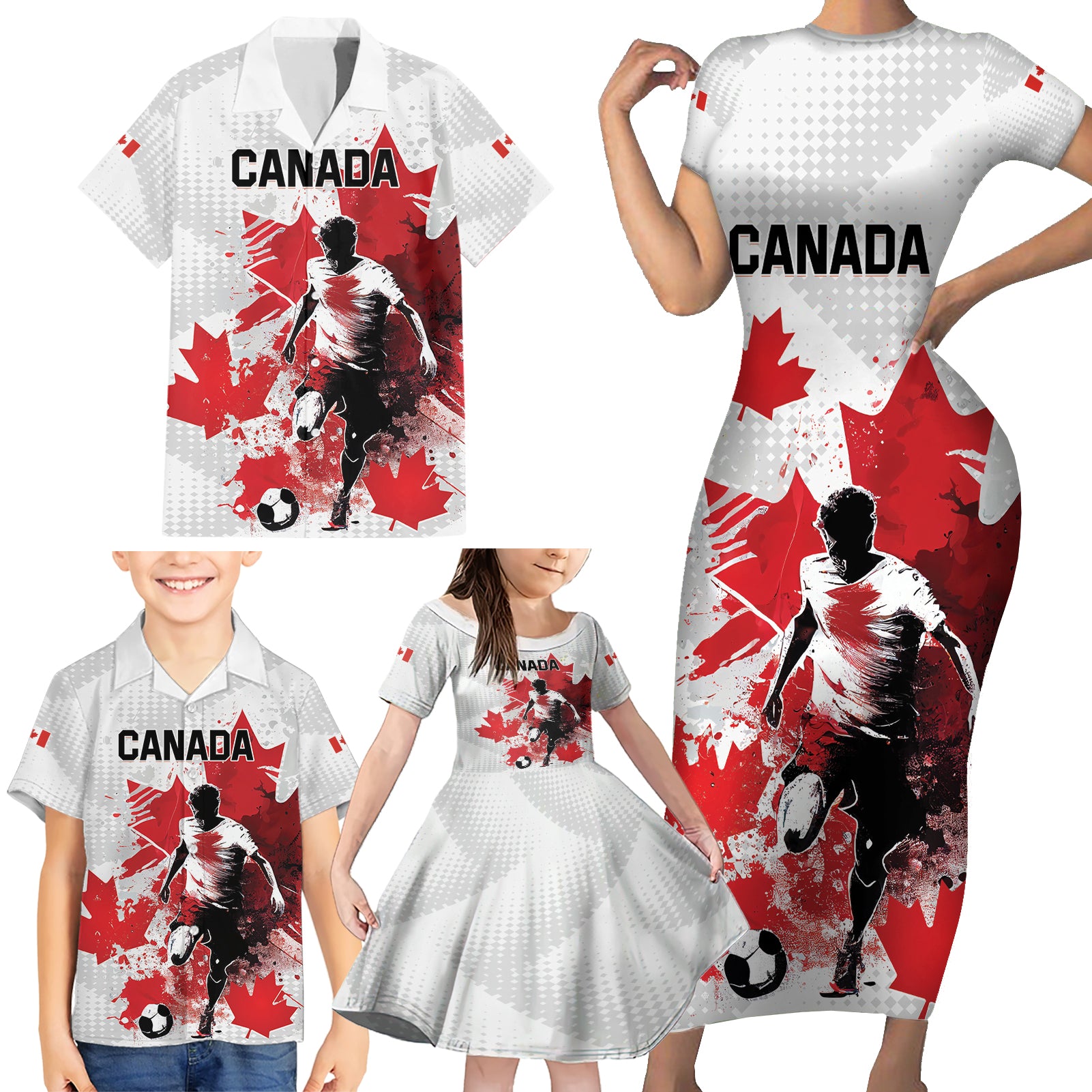 Personalized Canada 2024 Soccer Family Matching Short Sleeve Bodycon Dress and Hawaiian Shirt Canadian Player Maple Leaf
