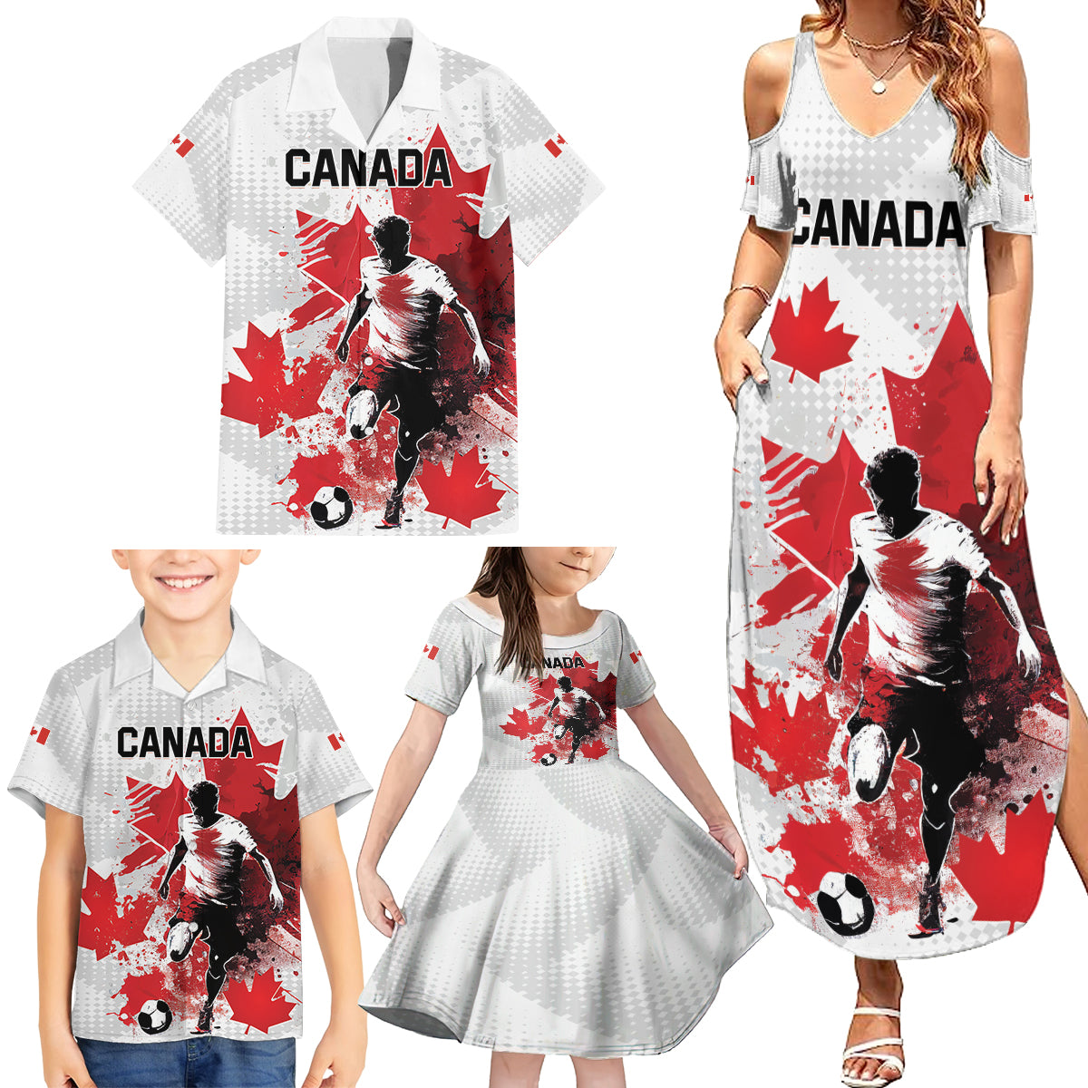 Personalized Canada 2024 Soccer Family Matching Summer Maxi Dress and Hawaiian Shirt Canadian Player Maple Leaf
