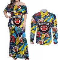 Custom American Football Graffiti Couples Matching Off Shoulder Maxi Dress and Long Sleeve Button Shirt Unique Style - Wonder Print Shop