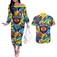 Custom American Football Graffiti Couples Matching Off The Shoulder Long Sleeve Dress and Hawaiian Shirt Unique Style - Wonder Print Shop