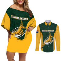 South Africa Rugby Couples Matching Off Shoulder Short Dress and Long Sleeve Button Shirts Springboks Go Champions Protea Pattern - Wonder Print Shop