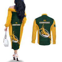 South Africa Rugby Couples Matching Off The Shoulder Long Sleeve Dress and Long Sleeve Button Shirts Springboks Go Champions Protea Pattern LT01