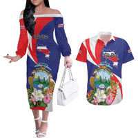 Personalized Costa Rica Pura Vida Tropical Couples Matching Off The Shoulder Long Sleeve Dress and Hawaiian Shirt - Wonder Print Shop