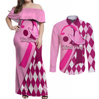 Personalised Think Pink Couples Matching Off Shoulder Maxi Dress and Long Sleeve Button Shirts Golf Argyle Pattern Breast Cancer Awareness - Wonder Print Shop