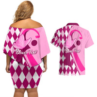 Personalised Think Pink Couples Matching Off Shoulder Short Dress and Hawaiian Shirt Golf Argyle Pattern Breast Cancer Awareness - Wonder Print Shop