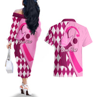 Personalised Think Pink Couples Matching Off The Shoulder Long Sleeve Dress and Hawaiian Shirt Golf Argyle Pattern Breast Cancer Awareness - Wonder Print Shop