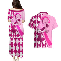 Personalised Think Pink Couples Matching Puletasi Dress and Hawaiian Shirt Golf Argyle Pattern Breast Cancer Awareness - Wonder Print Shop