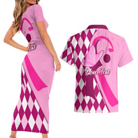 Personalised Think Pink Couples Matching Short Sleeve Bodycon Dress and Hawaiian Shirt Golf Argyle Pattern Breast Cancer Awareness - Wonder Print Shop