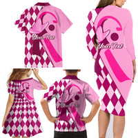 Personalised Think Pink Family Matching Long Sleeve Bodycon Dress and Hawaiian Shirt Golf Argyle Pattern Breast Cancer Awareness - Wonder Print Shop