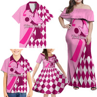 Personalised Think Pink Family Matching Off Shoulder Maxi Dress and Hawaiian Shirt Golf Argyle Pattern Breast Cancer Awareness - Wonder Print Shop