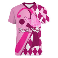 Personalised Think Pink Women V Neck T Shirt Golf Argyle Pattern Breast Cancer Awareness - Wonder Print Shop