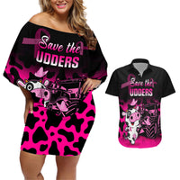 Personalised Save The Udders Couples Matching Off Shoulder Short Dress and Hawaiian Shirt Farmer Day Breast Cancer Awareness - Wonder Print Shop