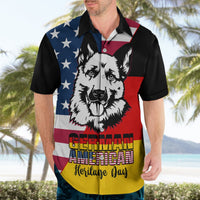 Black Hawaiian shirt with German shepherd portrait, German-American flag panels, Heritage Day design