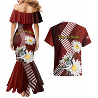 Latvia Independence Day Couples Matching Mermaid Dress and Hawaiian Shirt Latvijas White Wagtail With Daisy Flowers - Wonder Print Shop