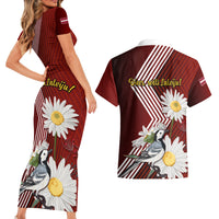 Latvia Independence Day Couples Matching Short Sleeve Bodycon Dress and Hawaiian Shirt Latvijas White Wagtail With Daisy Flowers - Wonder Print Shop