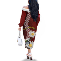 Latvia Independence Day Family Matching Off Shoulder Long Sleeve Dress and Hawaiian Shirt Latvijas White Wagtail With Daisy Flowers - Wonder Print Shop