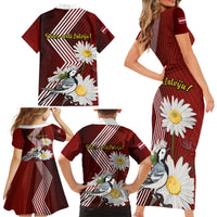 Latvia Independence Day Family Matching Short Sleeve Bodycon Dress and Hawaiian Shirt Latvijas White Wagtail With Daisy Flowers - Wonder Print Shop