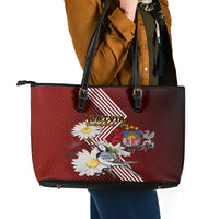 Latvia Independence Day Leather Tote Bag Latvijas White Wagtail With Daisy Flowers - Wonder Print Shop