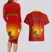 Personalised Diwali Festival Couples Matching Long Sleeve Bodycon Dress and Hawaiian Shirt Diya With Paisley Pattern - Wonder Print Shop