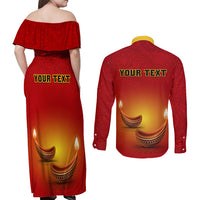 Personalised Diwali Festival Couples Matching Off Shoulder Maxi Dress and Long Sleeve Button Shirt Diya With Paisley Pattern - Wonder Print Shop