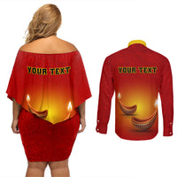 Personalised Diwali Festival Couples Matching Off Shoulder Short Dress and Long Sleeve Button Shirt Diya With Paisley Pattern - Wonder Print Shop