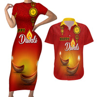 Personalised Diwali Festival Couples Matching Short Sleeve Bodycon Dress and Hawaiian Shirt Diya With Paisley Pattern - Wonder Print Shop