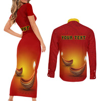 Personalised Diwali Festival Couples Matching Short Sleeve Bodycon Dress and Long Sleeve Button Shirt Diya With Paisley Pattern - Wonder Print Shop