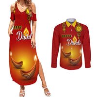 Personalised Diwali Festival Couples Matching Summer Maxi Dress and Long Sleeve Button Shirt Diya With Paisley Pattern - Wonder Print Shop
