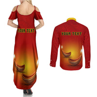 Personalised Diwali Festival Couples Matching Summer Maxi Dress and Long Sleeve Button Shirt Diya With Paisley Pattern - Wonder Print Shop