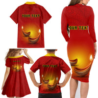 Personalised Diwali Festival Family Matching Long Sleeve Bodycon Dress and Hawaiian Shirt Diya With Paisley Pattern - Wonder Print Shop