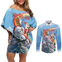 Personalised Australia Koala Christmas Couples Matching Off Shoulder Short Dress and Long Sleeve Button Shirt Santa Claus Ho Ho Ho - Wonder Print Shop