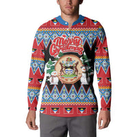 Personalized Antigua and Barbuda Christmas Button Sweatshirt Coat Of Arms With Snowman - undefined