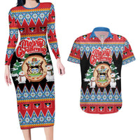 Personalized Antigua and Barbuda Christmas Couples Matching Long Sleeve Bodycon Dress and Hawaiian Shirt Coat Of Arms With Snowman - Wonder Print Shop