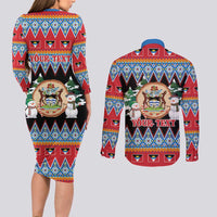 Personalized Antigua and Barbuda Christmas Couples Matching Long Sleeve Bodycon Dress and Long Sleeve Button Shirt Coat Of Arms With Snowman - Wonder Print Shop