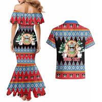 Personalized Antigua and Barbuda Christmas Couples Matching Mermaid Dress and Hawaiian Shirt Coat Of Arms With Snowman - Wonder Print Shop
